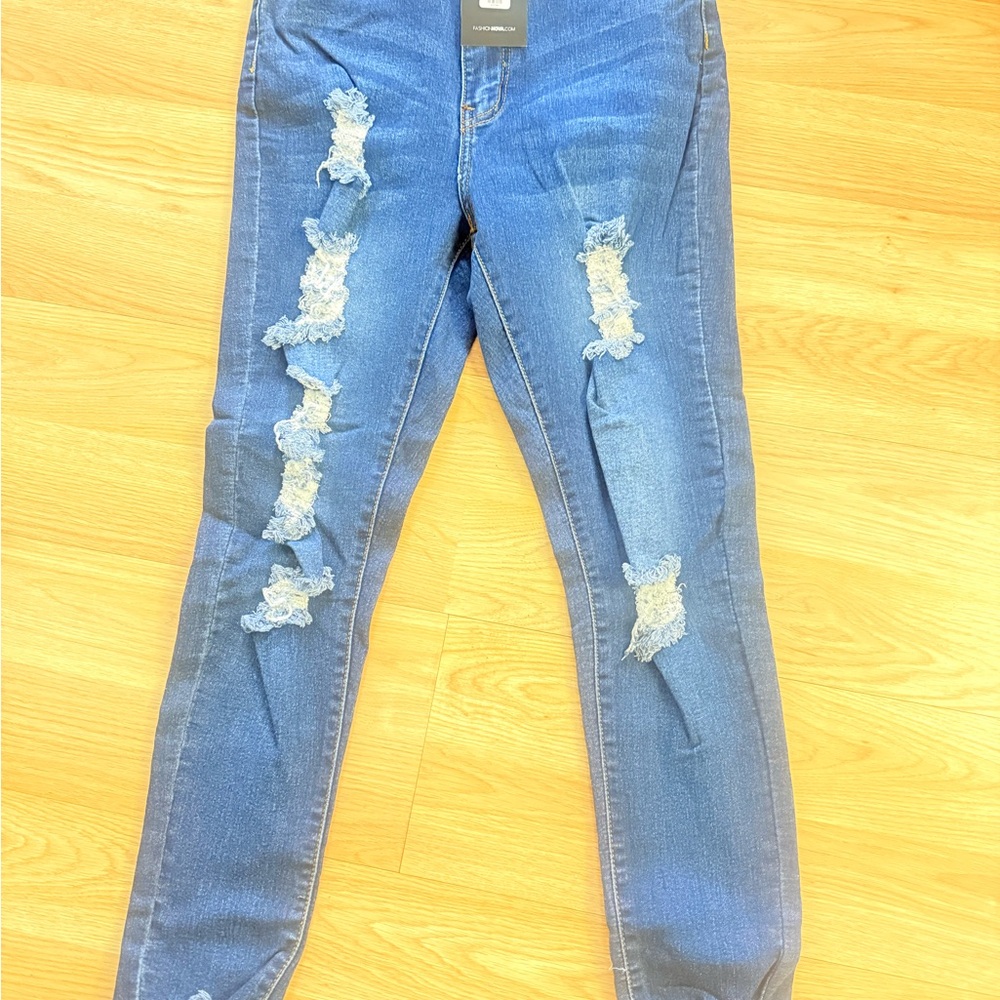 Fashion Nova Ripped Blue Skinny Jeans